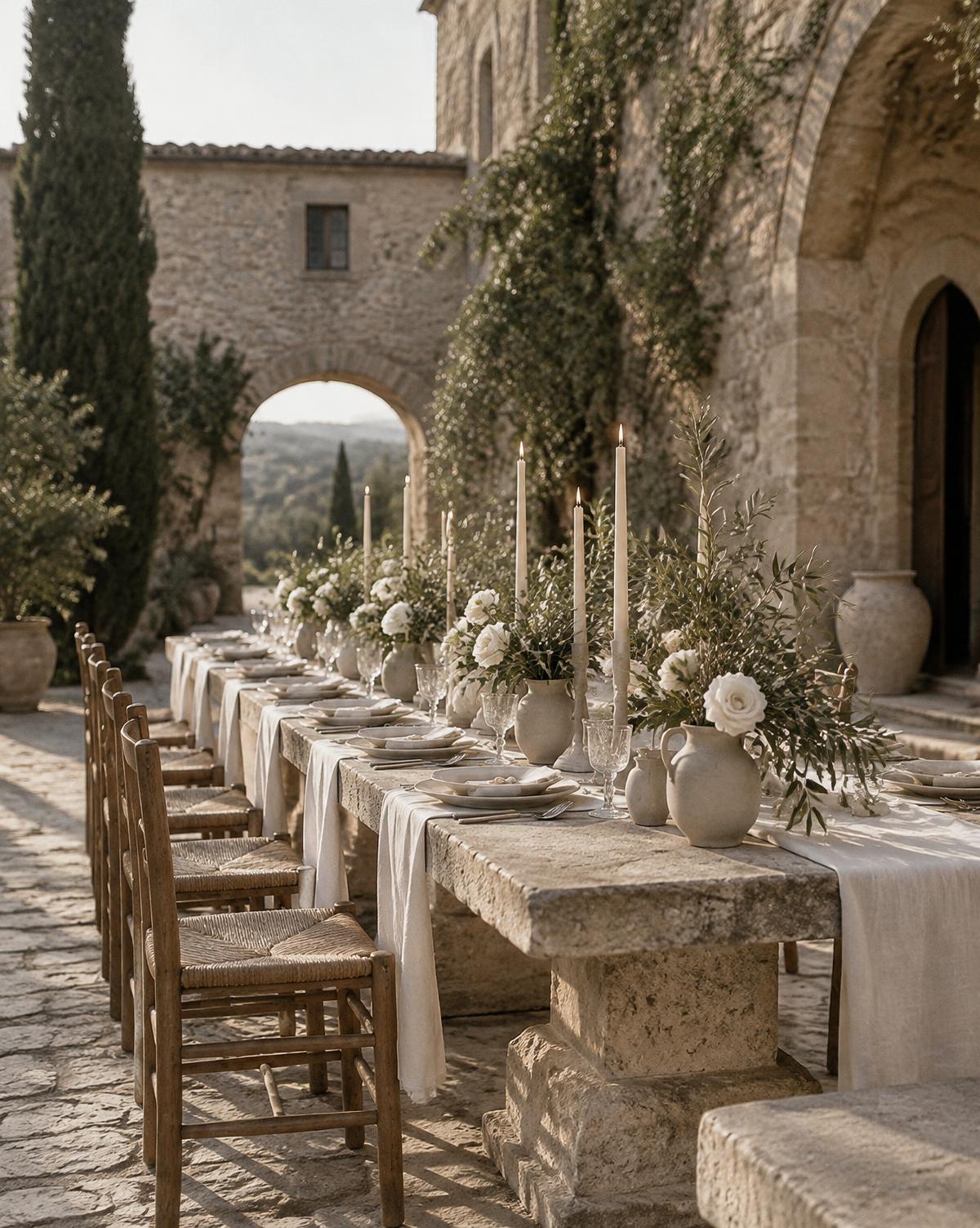Long stone wedding table with linen runners and candles in an Italian courtyard